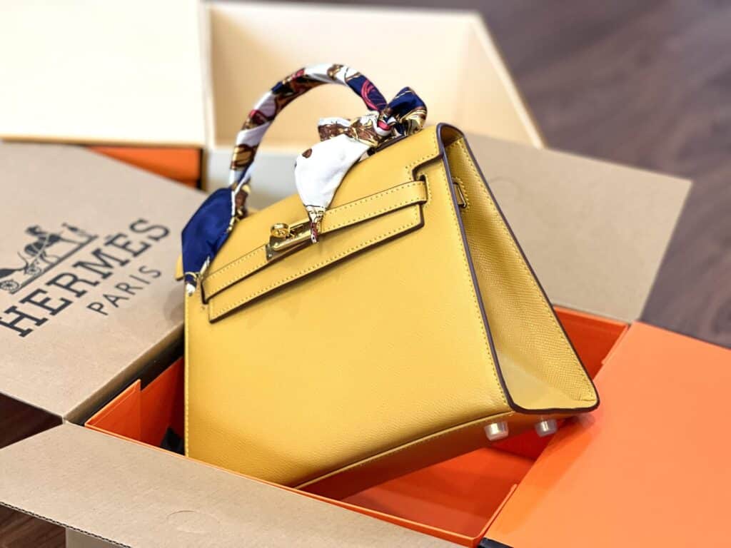 TÚI XÁCH NỮ HM KELLY ETOUPE EPSOM BẢN SIÊU CẤP VIP KHÓA VÀNG TẶNG KÈM KHĂN MÀU VÀNG