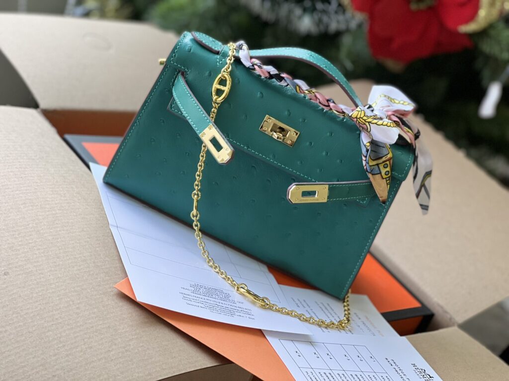 TÚI XÁCH HM KELLY POCHETTE VÂN DA ĐÀ ĐIỂU SIÊU CẤP TAG VÀNG MÀU XANH LÁ