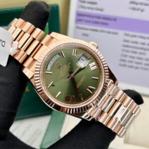 Review đồng hồ Rolex Day-Date replica 11 bọc vàng hồng mặt số xanh lá cây - ảnh 1