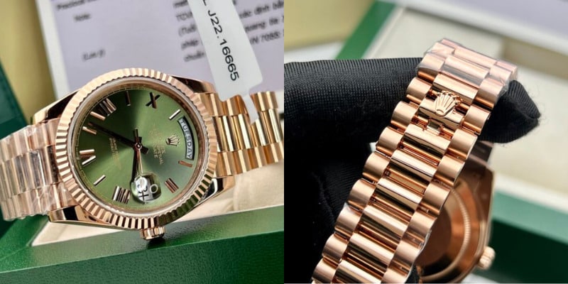 Review đồng hồ Rolex Day-Date replica 1:1 bọc vàng hồng mặt số xanh lá cây