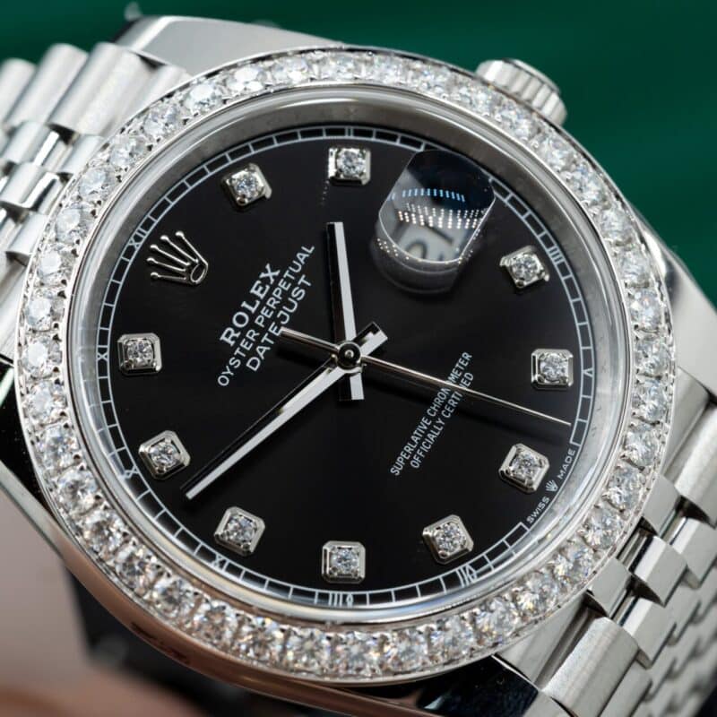 ĐỒNG HỒ ROLEX DATEJUST REP 11 MẶT ĐEN NIỀNG KIM CƯƠNG MOISSANITE CLEAN FACTORY