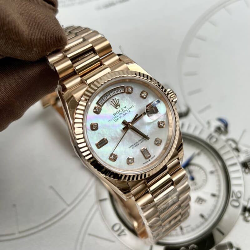 ĐỒNG HỒ ROLEX DAY-DATE MẶT KHẢM TRAI MẠ VÀNG HỒNG SUPER FAKE EW FACTORY