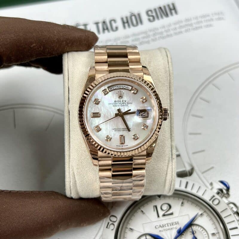 ĐỒNG HỒ ROLEX DAY-DATE MẶT KHẢM TRAI MẠ VÀNG HỒNG SUPER FAKE EW FACTORY