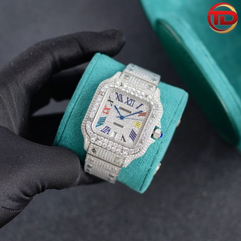 ĐỒNG HỒ CARTIER REP 1 1 SANTOS ĐÍNH FULL ĐÁ MÁY THỤY SỸ