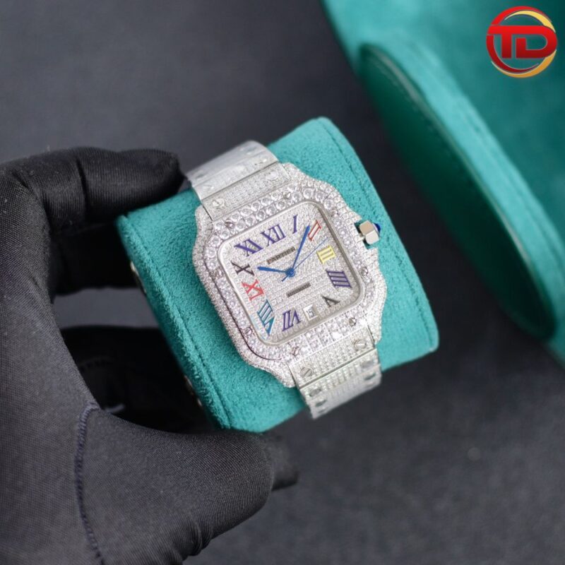 ĐỒNG HỒ CARTIER REP 1 1 SANTOS ĐÍNH FULL ĐÁ MÁY THỤY SỸ