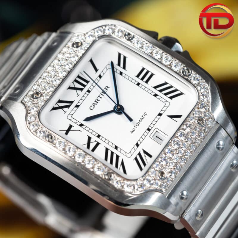 ĐỒNG HỒ CARTIER SANTOS REP 11 NIỀNG KIM CƯƠNG MOISSANITE