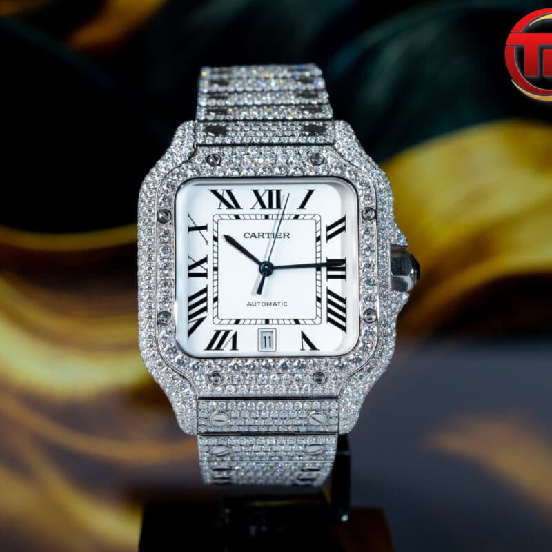 ĐỒNG HỒ CARTIER SANTOS DE CARTIER ĐỘ FULL KIM CƯƠNG MOISSANITE REPLICA SIÊU CẤP 39MM