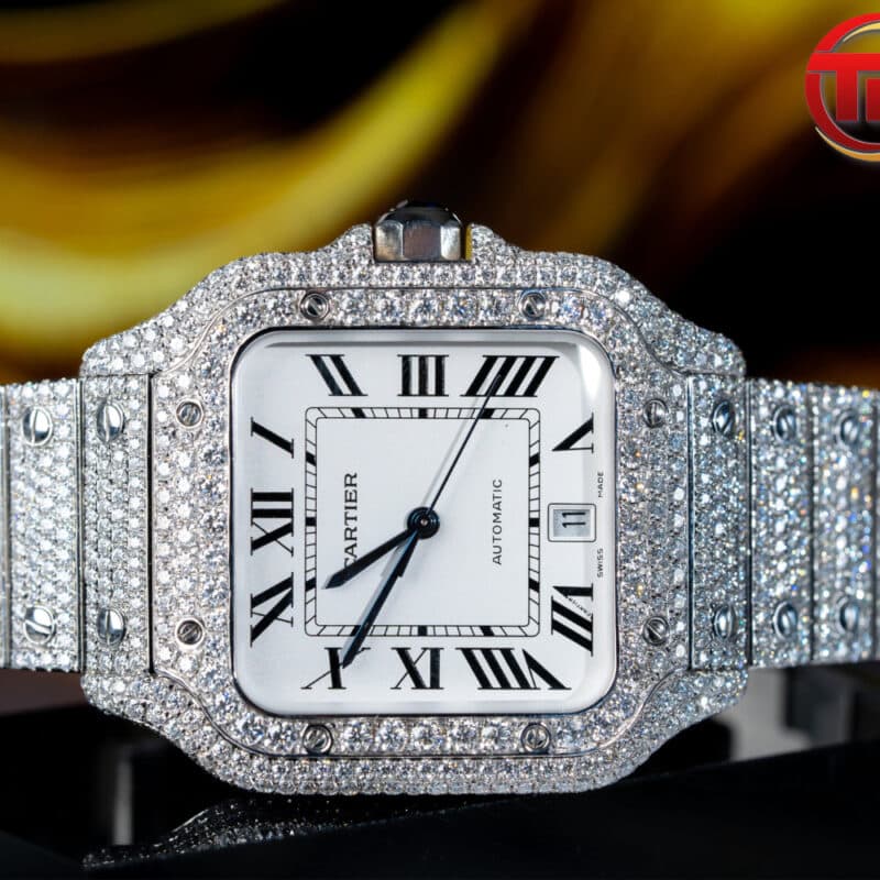 ĐỒNG HỒ CARTIER SANTOS DE CARTIER ĐỘ FULL KIM CƯƠNG MOISSANITE REPLICA SIÊU CẤP 39MM