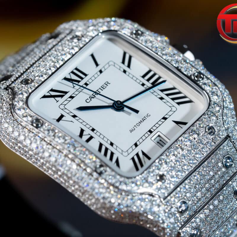 ĐỒNG HỒ CARTIER SANTOS DE CARTIER ĐỘ FULL KIM CƯƠNG MOISSANITE REPLICA SIÊU CẤP 39MM