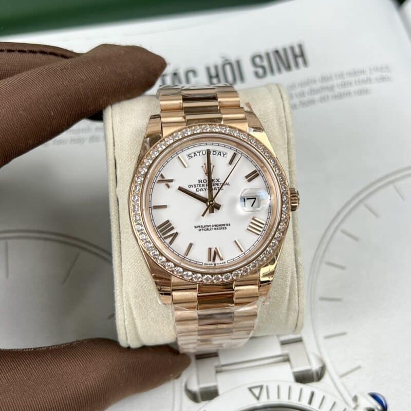 ĐỒNG HỒ ROLEX DAY-DATE MẶT TRẮNG MẠ VÀNG HỒNG REP 11 EW FACTORY