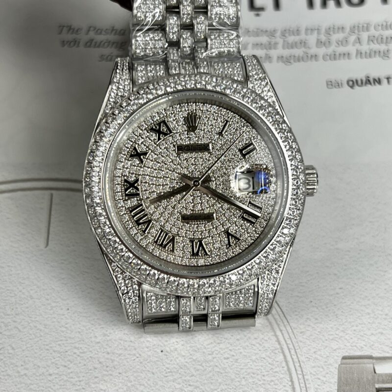 ĐỒNG HỒ ROLEX DATEJUST REP 11 ĐÍNH FULL ĐÁ CỌC SỐ LA MÃ