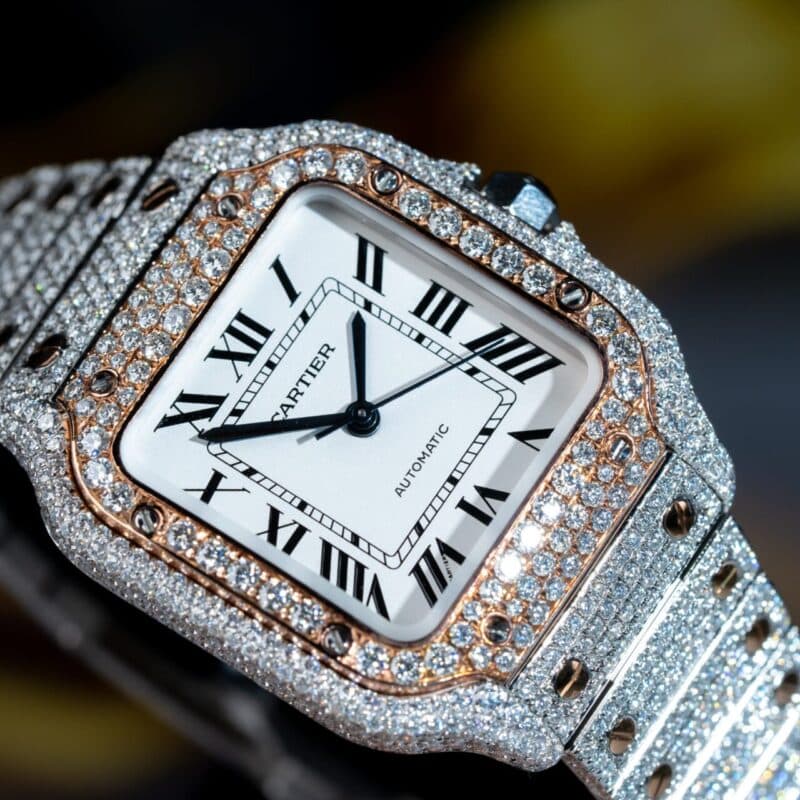 ĐỒNG HỒ CARTIER SANTOS ĐỘ FULL KIM CƯƠNG MOISSANITE SUPER FAKE
