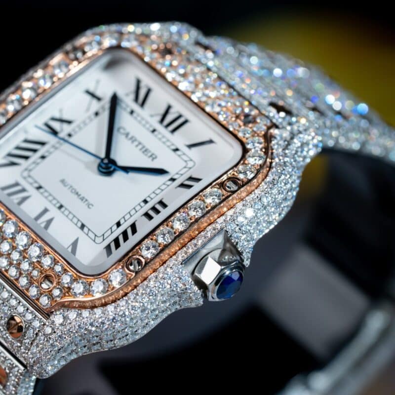 ĐỒNG HỒ CARTIER SANTOS ĐỘ FULL KIM CƯƠNG MOISSANITE SUPER FAKE
