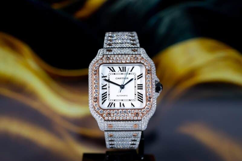 ĐỒNG HỒ CARTIER SANTOS ĐỘ FULL KIM CƯƠNG MOISSANITE SUPER FAKE