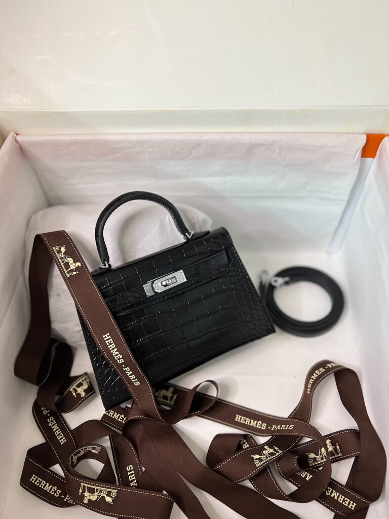 TÚI NỮ SIÊU CẤP HM HERMES KELLY MINI K20 DA RẮN MÀU ĐEN BÓNG TỰ NHIÊN