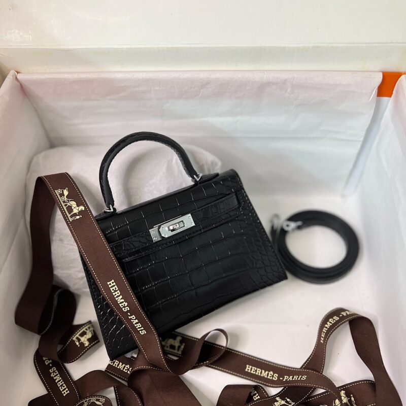 TÚI NỮ SIÊU CẤP HM HERMES KELLY MINI K20 DA RẮN MÀU ĐEN BÓNG TỰ NHIÊN