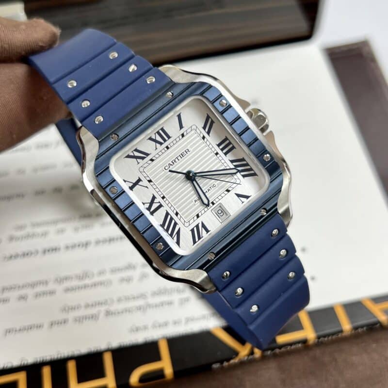 ĐỒNG HỒ CARTIER SANTOS MẶT VUÔNG MÀU TRẮNG DÂY CAO SU REP 11 NEW
