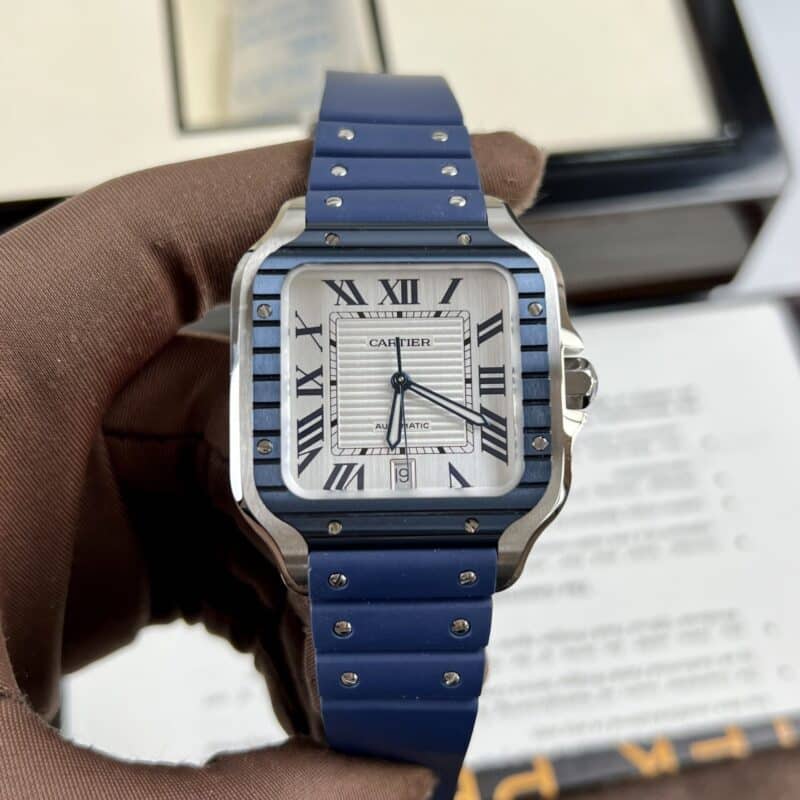 ĐỒNG HỒ CARTIER SANTOS MẶT VUÔNG MÀU TRẮNG DÂY CAO SU REP 11 NEW