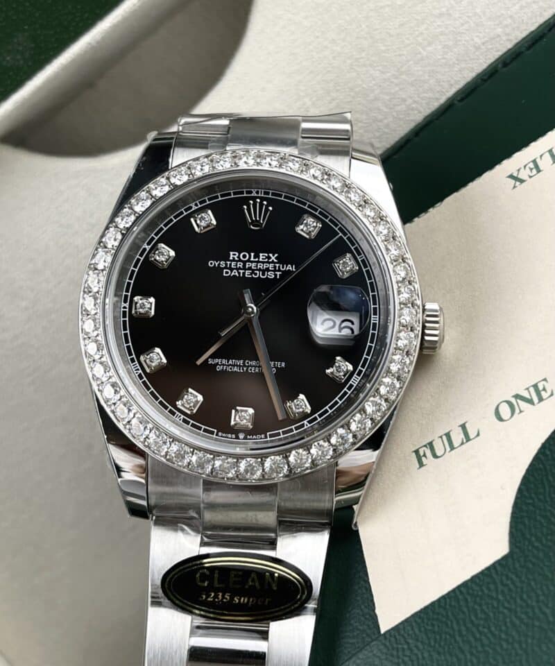 ĐỒNG HỒ ROLEX DATEJUST 126284RBR MẶT ĐEN NIỀNG KIM CƯƠNG MOISSANITE CLEAN FACTORY