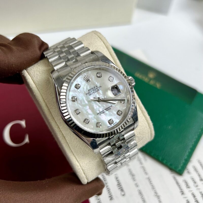 ĐỒNG HỒ ROLEX DATEJUST MẶT SỐ MOP CỌC SỐ KIM CƯƠNG MOISSANITE REP 1:1