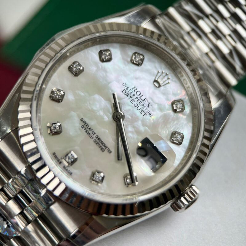 ĐỒNG HỒ ROLEX DATEJUST MẶT SỐ MOP CỌC SỐ KIM CƯƠNG MOISSANITE REP 1:1