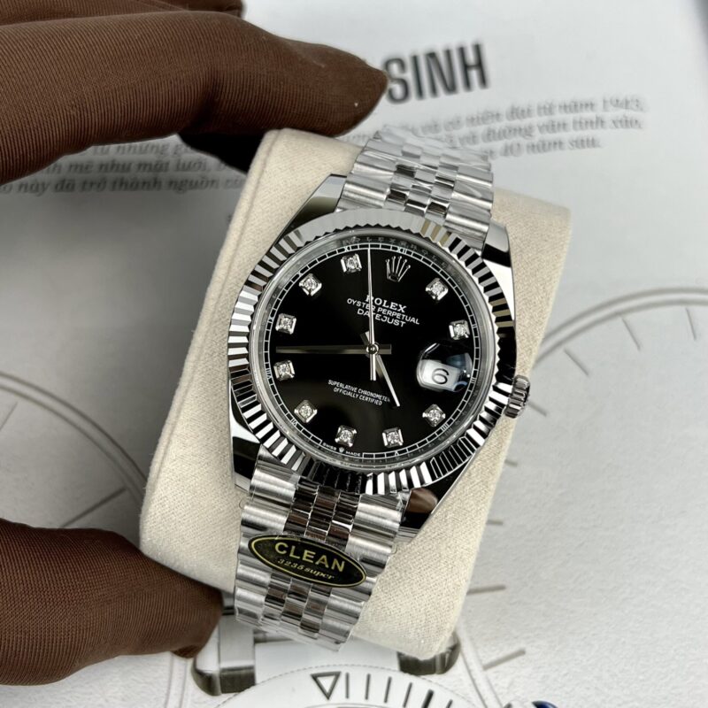 ĐỒNG HỒ ROLEX DATEJUST MẶT SỐ ĐEN CỌC SỐ ĐÍNH ĐÁ REP 1:1 CLEAN FACTORY