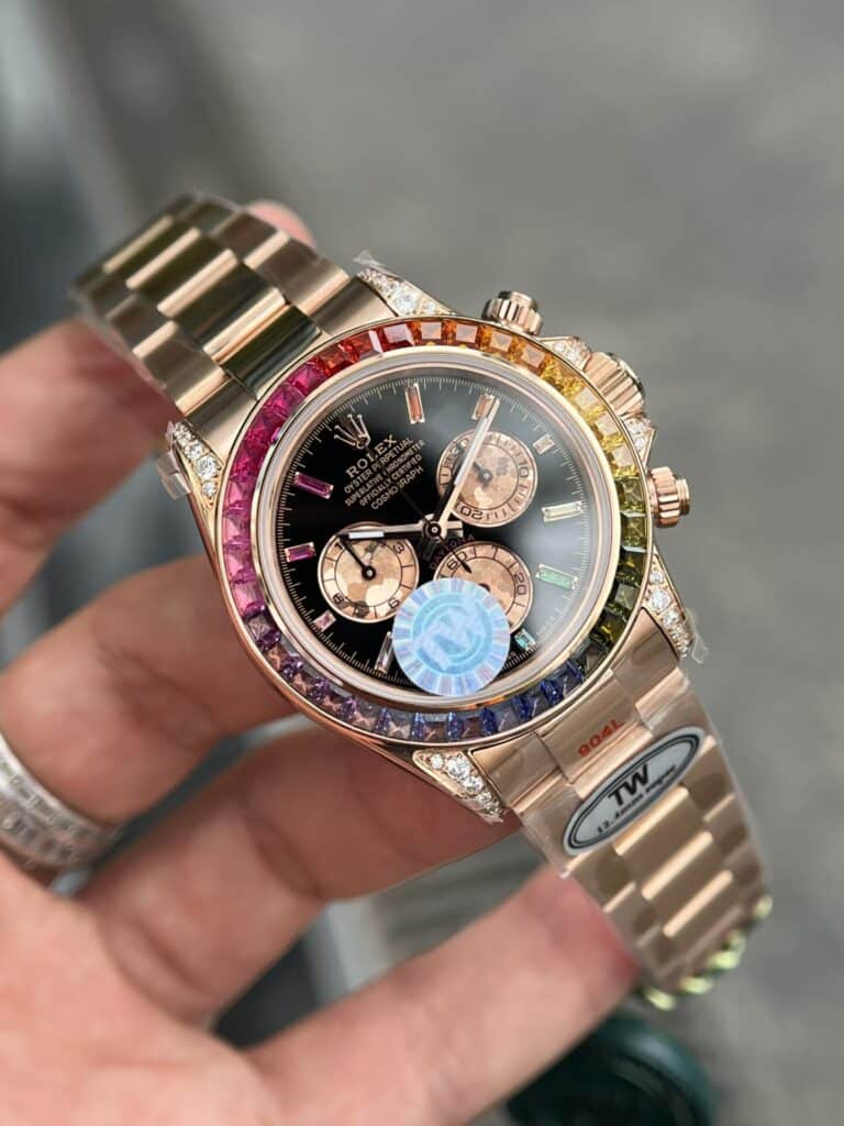 ĐỒNG HỒ ROLEX DAYTONA RAINBOW VỎ VÀNG HỒNG REP 11 TW FACTORY