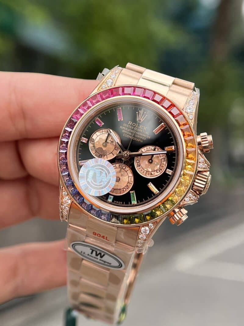 ĐỒNG HỒ ROLEX DAYTONA RAINBOW VỎ VÀNG HỒNG REP 11 TW FACTORY