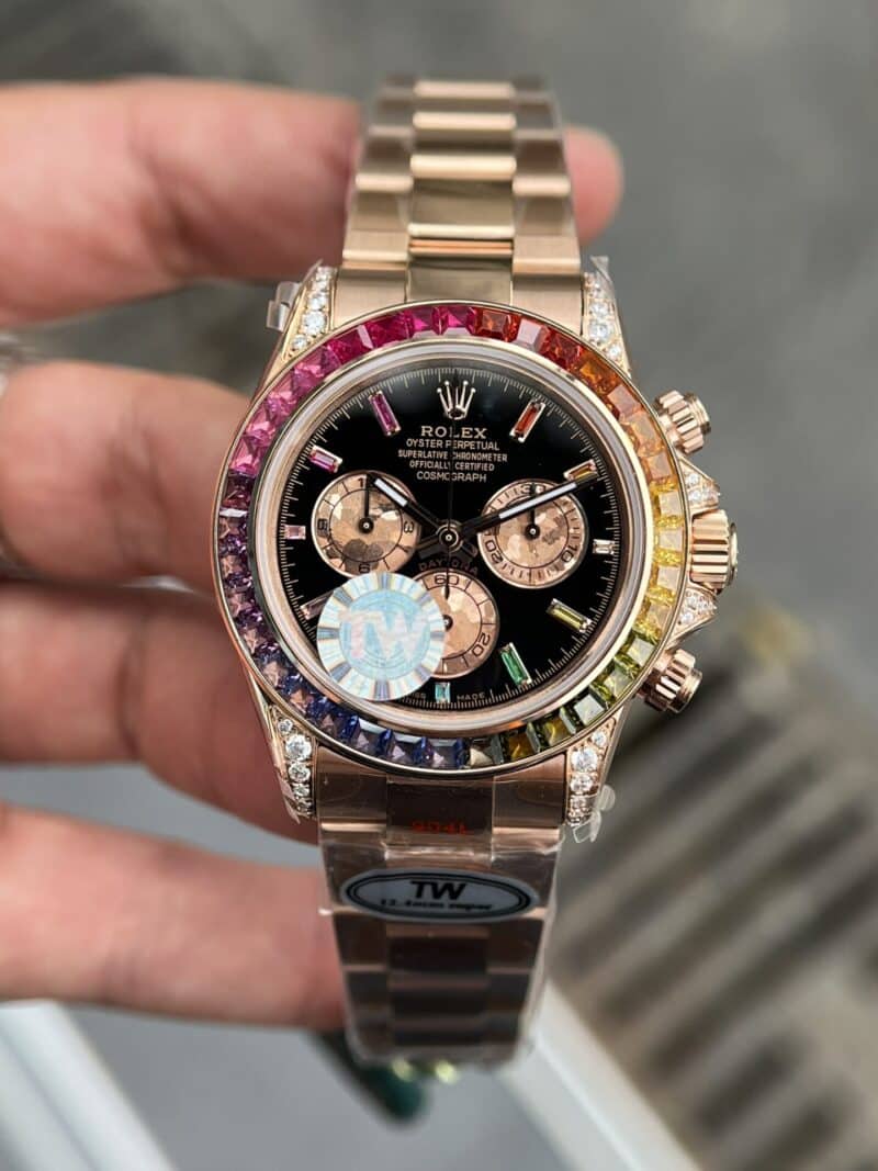 ĐỒNG HỒ ROLEX DAYTONA RAINBOW VỎ VÀNG HỒNG REP 11 TW FACTORY