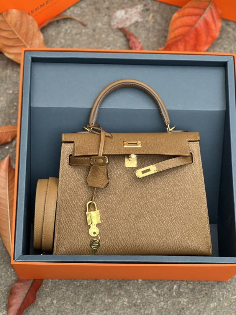 TÚI HERMES KELLY 25 ESPOM KHÂU TAY SIÊU CẤP LIKE AUTH MÀU NÂU