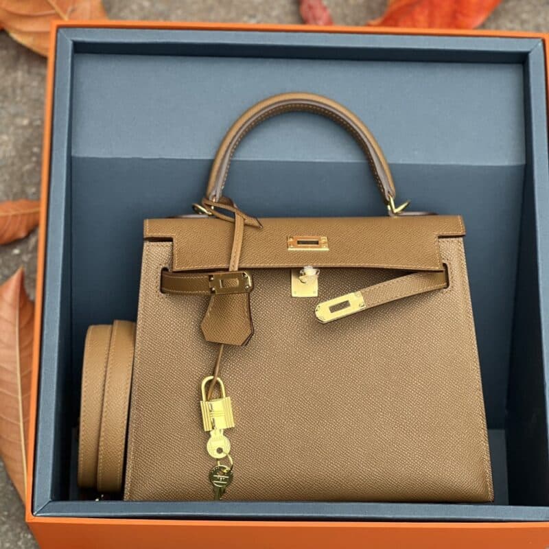 TÚI HERMES KELLY 25 ESPOM KHÂU TAY SIÊU CẤP LIKE AUTH MÀU NÂU
