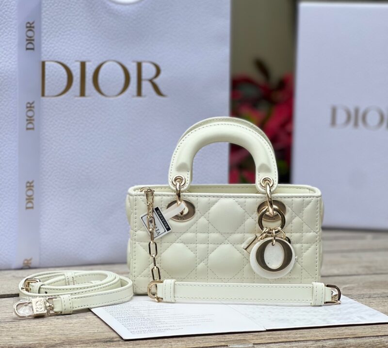TÚI XÁCH DIOR LADY D-JOY MINI BAG CALFSKIN LIKE AUTH TAG VÀNG MÀU TRĂNG