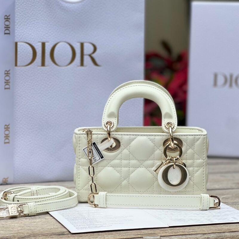 TÚI XÁCH DIOR LADY D-JOY MINI BAG CALFSKIN LIKE AUTH TAG VÀNG MÀU TRĂNG