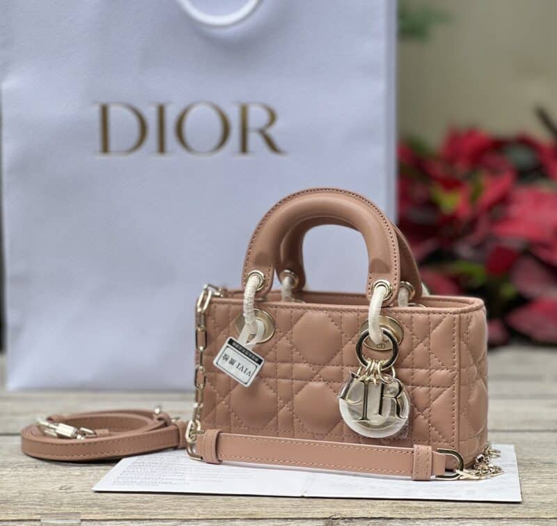 TÚI XÁCH DIOR LADY D-JOY MINI BAG CALFSKIN LIKE AUTH TAG VÀNG MÀU HỒNG