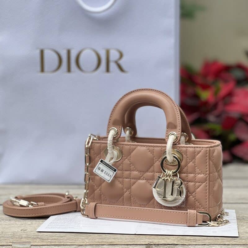 TÚI XÁCH DIOR LADY D-JOY MINI BAG CALFSKIN LIKE AUTH TAG VÀNG MÀU HỒNG
