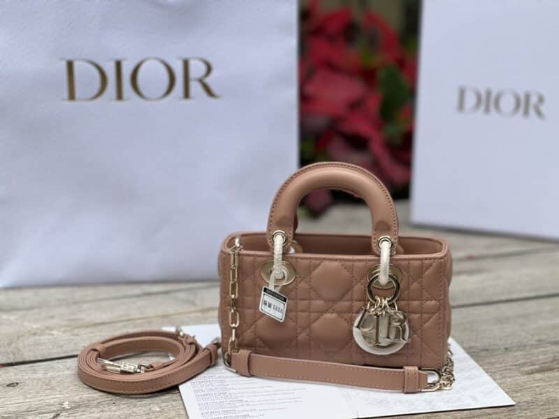 TÚI XÁCH DIOR LADY D-JOY MINI BAG CALFSKIN LIKE AUTH TAG VÀNG MÀU HỒNG