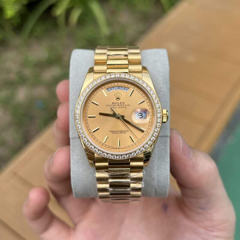 ĐỒNG HỒ ROLEX DAY-DATE 128348RBR MÀU VÀNG NIỀNG ĐÁ REP 11 EW 36MM