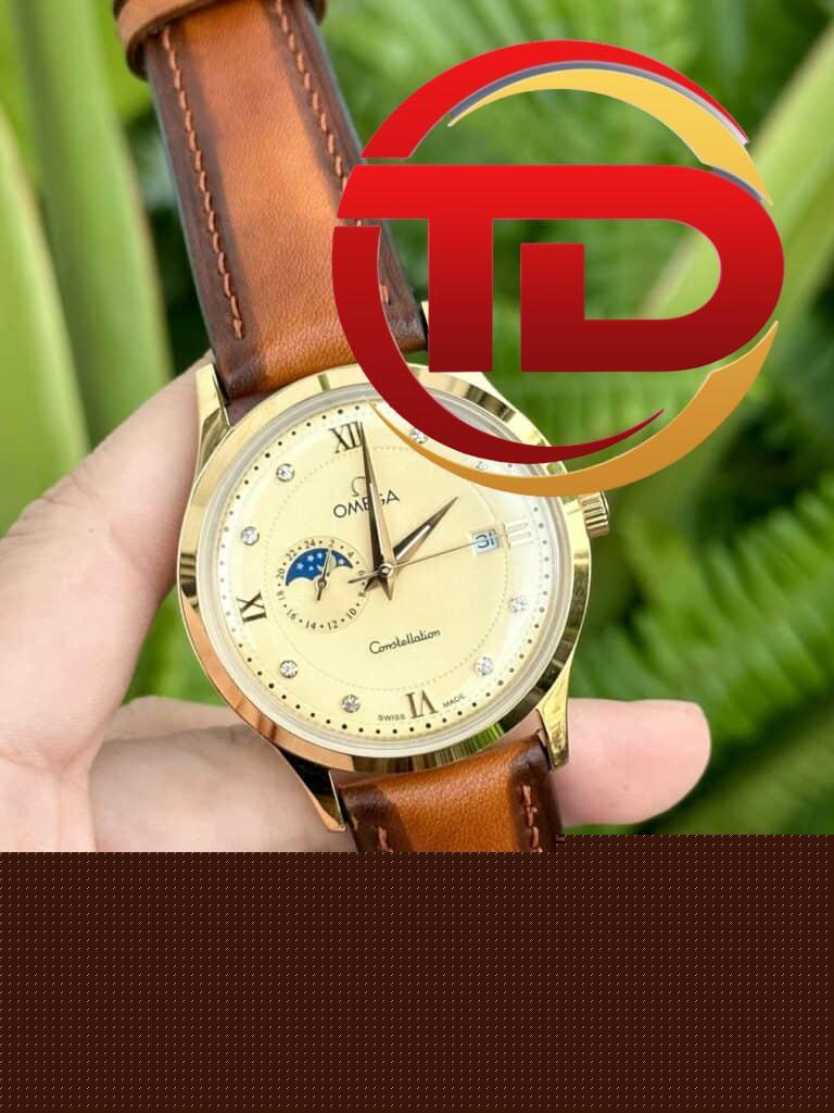 ĐỒNG HỒ NAM OMEGA CONSTELLATION DÂY DA MÀU CAM FAKE 1:1 MÁY NHẬT CAO CẤP