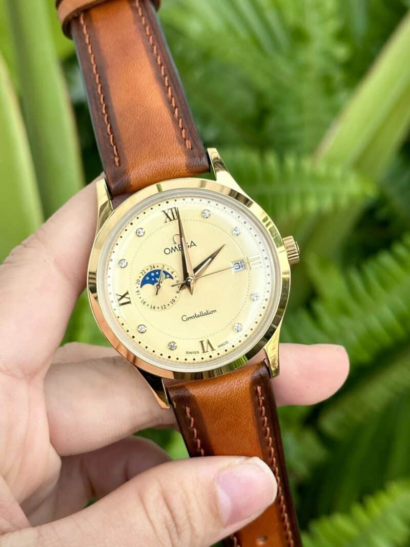 ĐỒNG HỒ NAM OMEGA CONSTELLATION DÂY DA MÀU CAM FAKE 1:1 MÁY NHẬT CAO CẤP