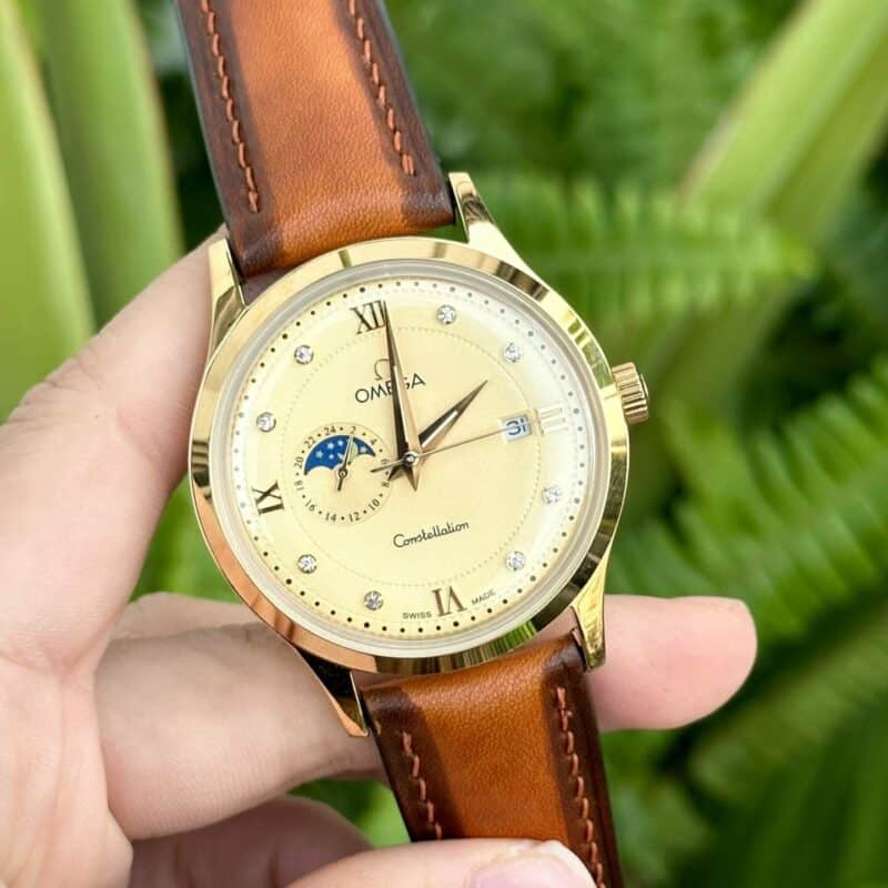 ĐỒNG HỒ NAM OMEGA CONSTELLATION DÂY DA MÀU CAM FAKE 1:1 MÁY NHẬT CAO CẤP