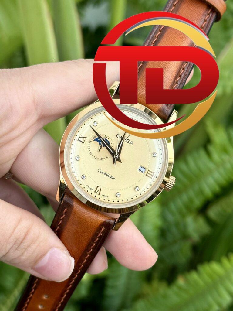 ĐỒNG HỒ NAM OMEGA CONSTELLATION DÂY DA MÀU CAM FAKE 1:1 MÁY NHẬT CAO CẤP