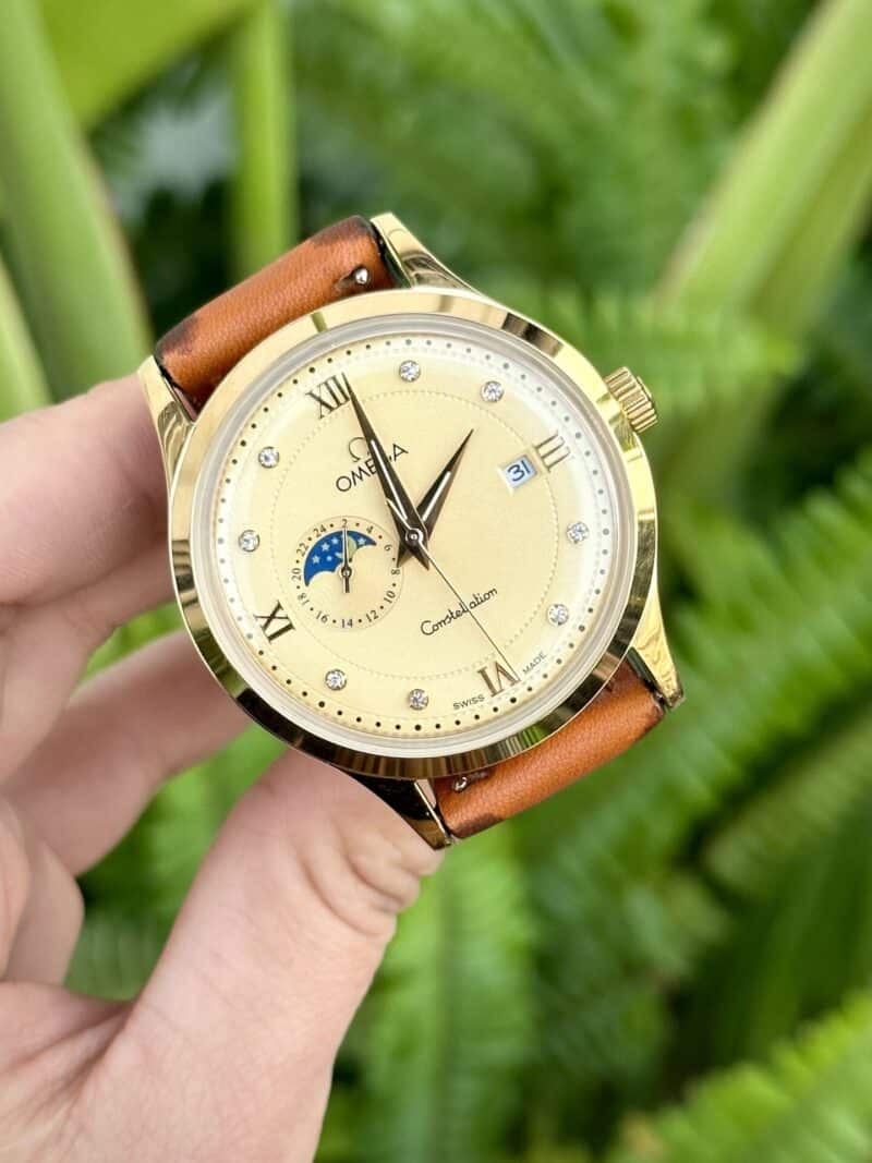 ĐỒNG HỒ NAM OMEGA CONSTELLATION DÂY DA MÀU CAM FAKE 1:1 MÁY NHẬT CAO CẤP