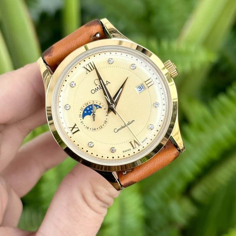 ĐỒNG HỒ NAM OMEGA CONSTELLATION DÂY DA MÀU CAM FAKE 1:1 MÁY NHẬT CAO CẤP