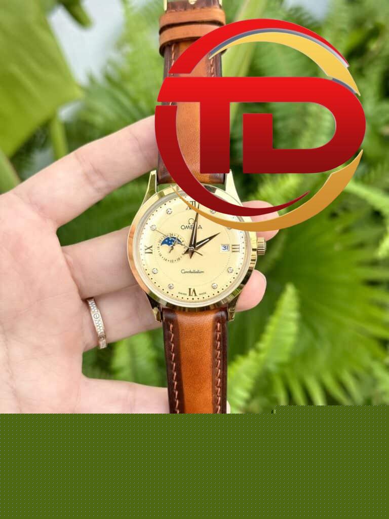 ĐỒNG HỒ NAM OMEGA CONSTELLATION DÂY DA MÀU CAM FAKE 1:1 MÁY NHẬT CAO CẤP