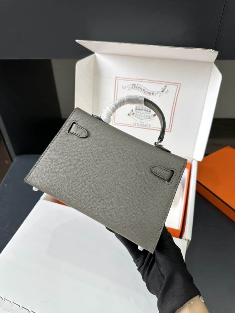 TÚI HERMES KELLY MINI K20 ESPOM KHÓA BẠC NGUYÊN BẢN MÀU GHI