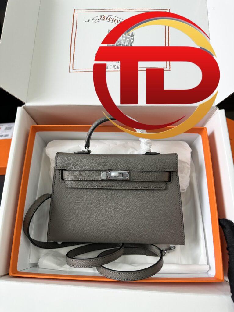 TÚI HERMES KELLY MINI K20 ESPOM KHÓA BẠC NGUYÊN BẢN MÀU GHI
