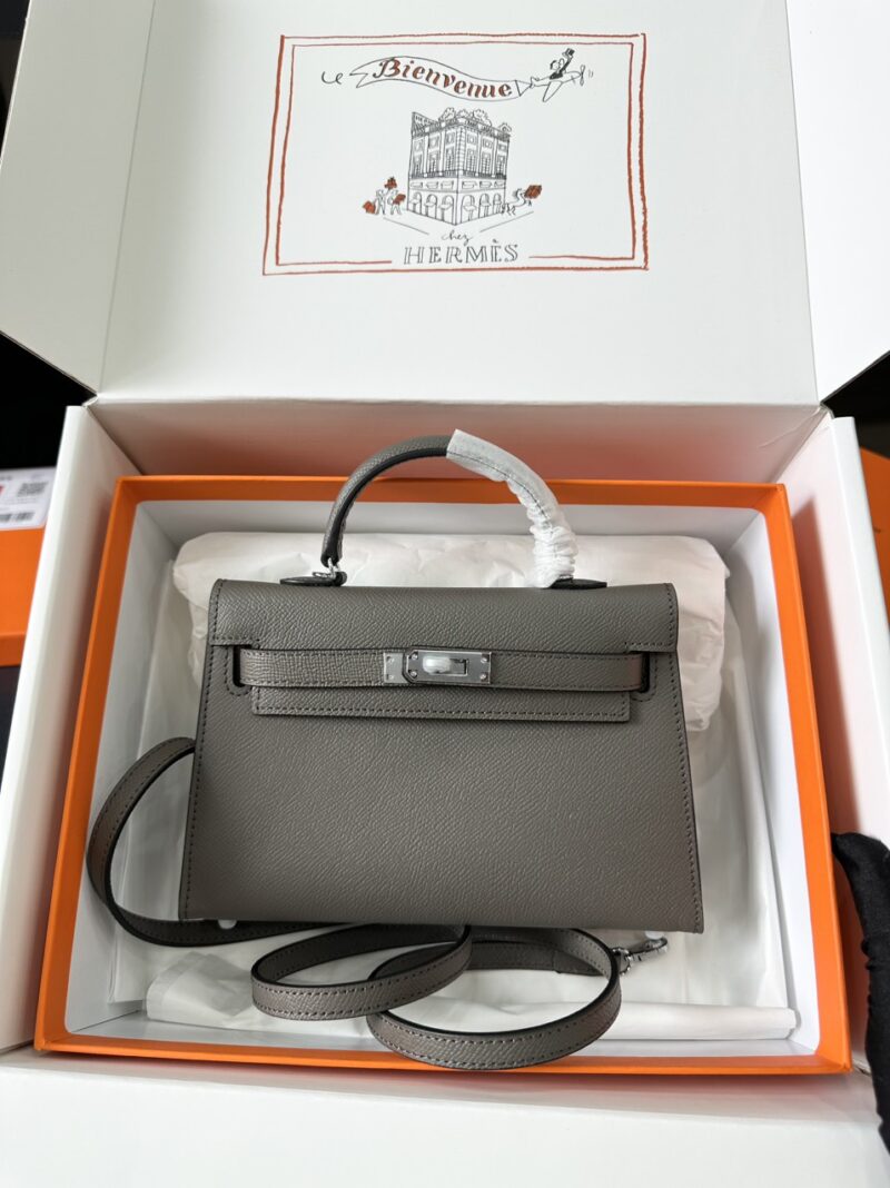 TÚI HERMES KELLY MINI K20 ESPOM KHÓA BẠC NGUYÊN BẢN MÀU GHI