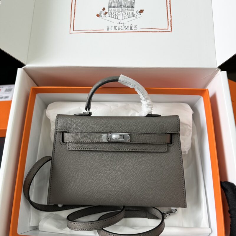 TÚI HERMES KELLY MINI K20 ESPOM KHÓA BẠC NGUYÊN BẢN MÀU GHI
