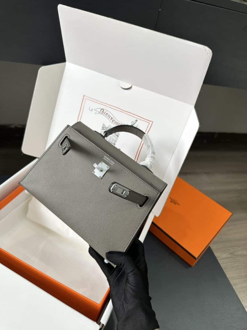 TÚI HERMES KELLY MINI K20 ESPOM KHÓA BẠC NGUYÊN BẢN MÀU GHI