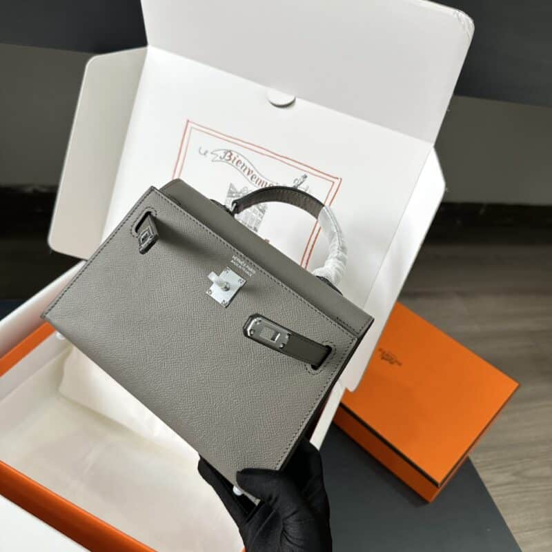 TÚI HERMES KELLY MINI K20 ESPOM KHÓA BẠC NGUYÊN BẢN MÀU GHI